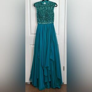 Sherri Hill Teal Evening Dress, seguins & chiffon, size 6